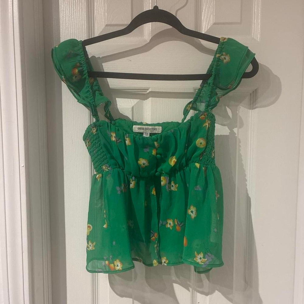 Urban Outfitters Green Floral Babydoll Crop Top Floral Print Ruffle Sleeves